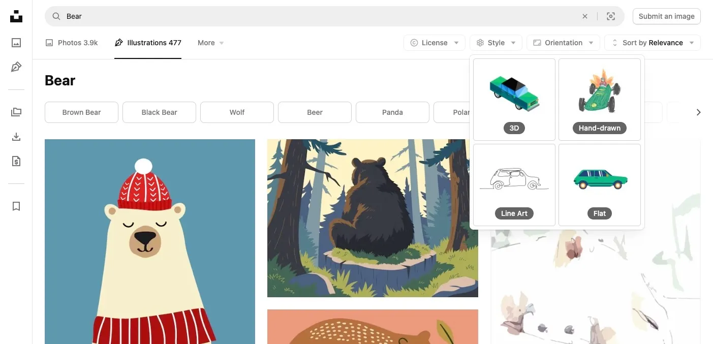 Screenshot of Unsplash search feed with style filters enabled.